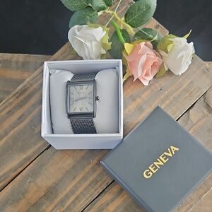 Geneva Silver Dial Black Mesh Watch